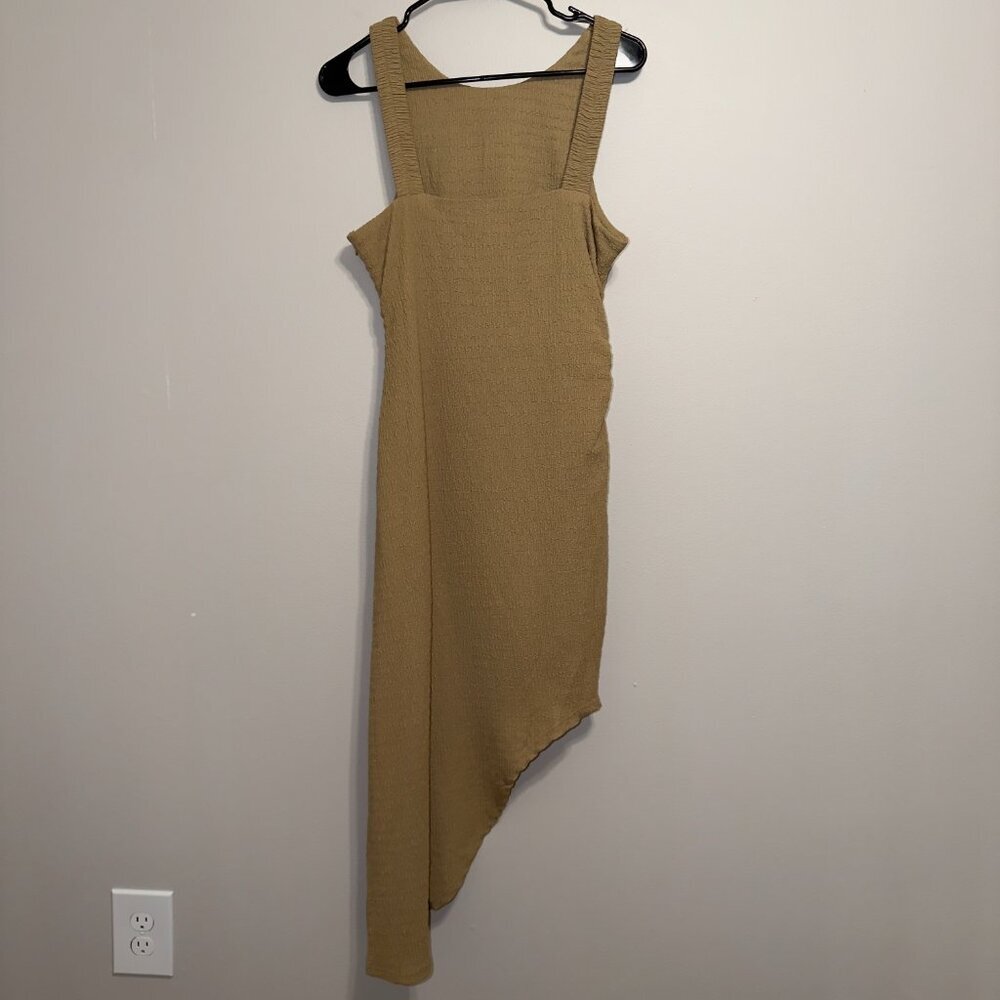 All:Row Tan Asymmetrical Dress Size M Sleeveless Ruched Midi Minimal - Picture 7 of 7